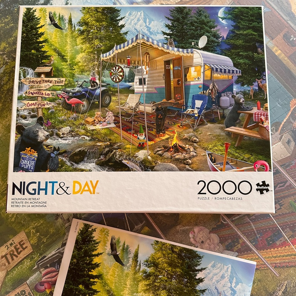 Night & Day Mountain Retreat 2000-Piece Puzzle - Blue & Green Scenic Camper